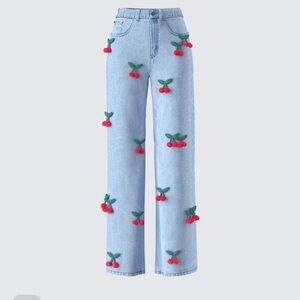 Cherry Embroidered Light Blue Jeans